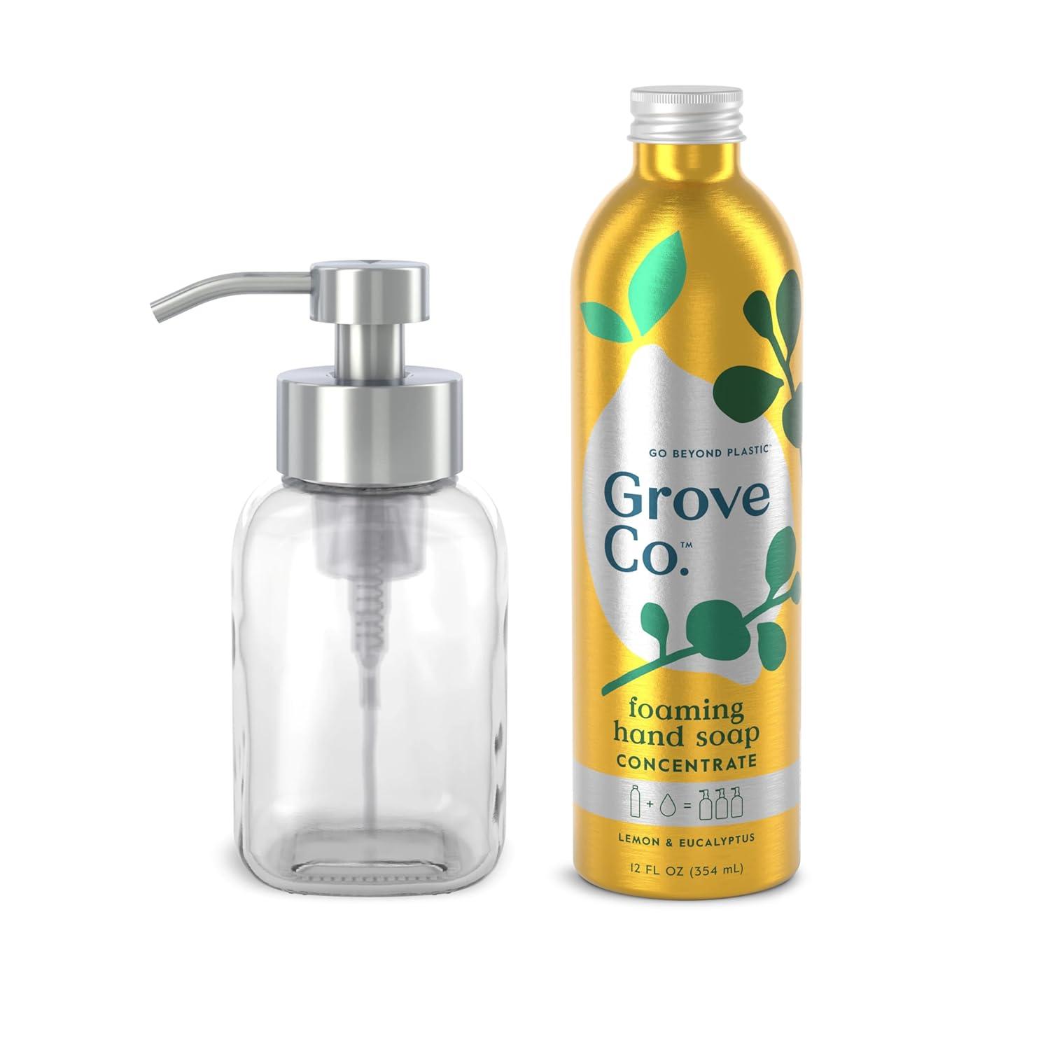 imageGrove Co Foaming Hand Soap Concentrate 12 Fl Oz Reusable Glass Soap Dispenser PlasticFree Liquid Refillable Starter Kit Natural Lemon ampamp Eucalyptus FragranceLemon Eucalyptus