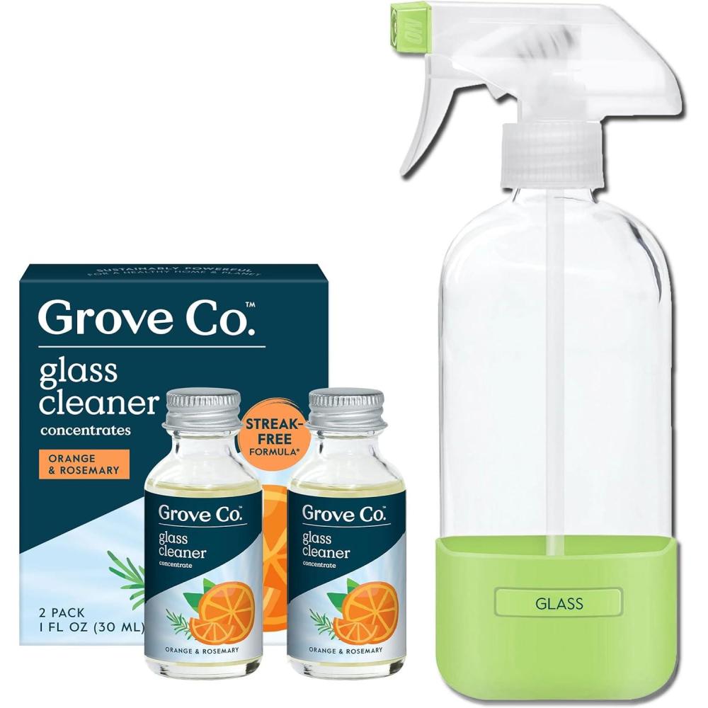 imageGrove Co Glass Cleaner Refill Concentrate 2 x 1 Fl Oz 1 x Reusable Glass Spray Bottle 16 Oz PlantBased Cleaning Supplies Bundle No Plastic Waste 100 Natural Orange ampamp Rosemary FragranceOrange Rosemary