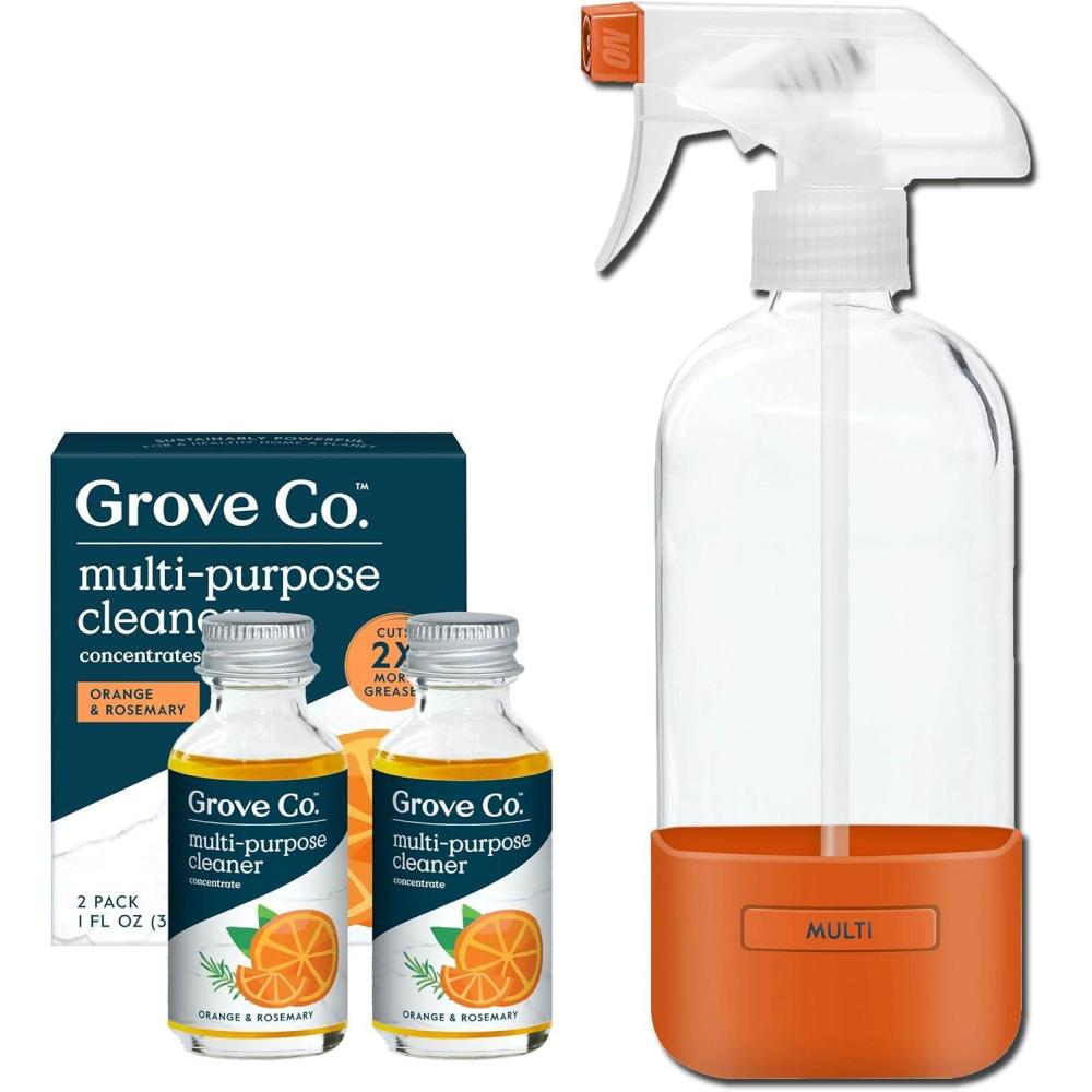 imageGrove Co Multi Purpose Cleaner Refill Concentrate 2 x 1 Oz Glass Spray Bottle 16 Oz Plantbased Household Cleaning Supplies Bundle No Plastic Waste 100 Natural Lemon ampamp Eucalyptus ScentOrange Rosemary