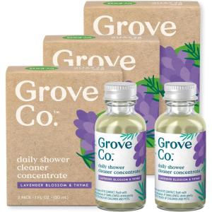 Grove Co. Daily Shower Cleaner, Refill Concentrate (2 x 1 Fl Oz) + 1 x Reusable Glass Spray Bottle (16 Oz), Plant-Based Cleaning Supplies, Reduced Plastic, Lavender Blossom & Thyme Fragrance(Lavender Blossom & Thyme)