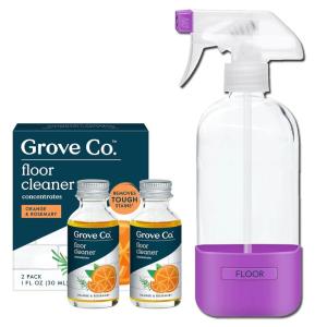 Grove Co. Floor Cleaner Refill Concentrate (2 x 1 Oz) + 1 x Durable Glass Spray Bottle (16 Oz) Plant-Based Cleaning Supplies Bundle, No Plastic Waste, 100% Natural Lavender & Thyme Scent(Orange & Rosemary)