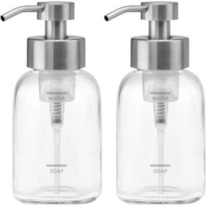 Grove Co. Gel Hand Soap Dispenser (13.5 Oz) 2 x Refillable Glass Bottles with Stainless Steel Pump, Reusable Liquid Soap Refill Set, Square Base, Reduce Plastic Waste Bundle(Foaming Soap Dispenser)