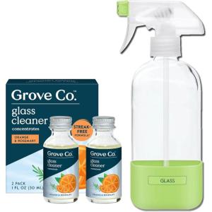 Grove Co. Glass Cleaner, Refill Concentrate (2 x 1 Fl Oz) + 1 x Reusable Glass Spray Bottle (16 Oz) Plant-Based Cleaning Supplies Bundle, No Plastic Waste, 100% Natural Orange & Rosemary Fragrance(Orange & Rosemary)
