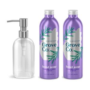 Grove Co. Hydrating Gel Hand Soap Refills (2 x 13 Fl Oz) + 1 x Reusable Glass Soap Dispenser, Plastic-Free & Liquid Refillable Starter Kit, Natural Orange & Rosemary Fragrance(Lavender & Thyme)
