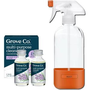 Grove Co. Multi Purpose Cleaner, Refill Concentrate (2 x 1 Oz) + Glass Spray Bottle (16 Oz), Plant-based Household Cleaning Supplies Bundle, No Plastic Waste, 100% Natural Lemon & Eucalyptus Scent(Lavender & Thyme)