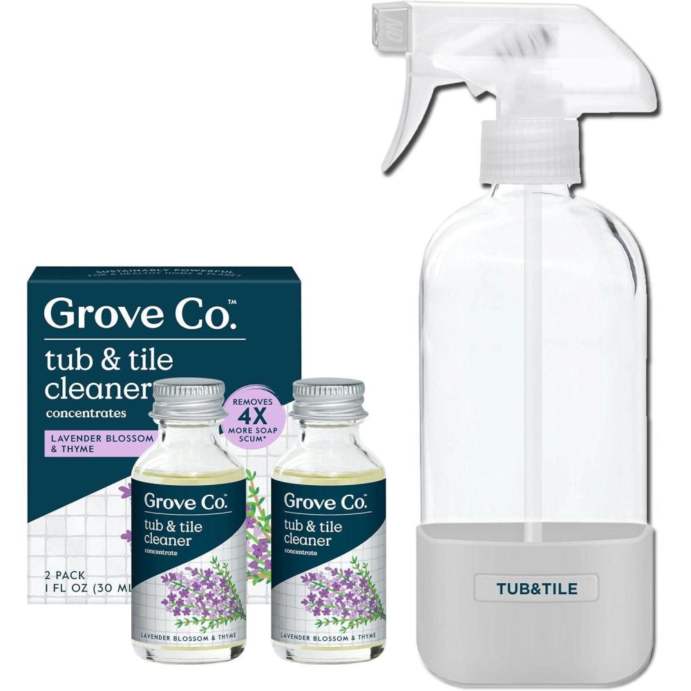 imageGrove Co Tub and Tile Cleaner Refill Concentrate 2 x 1 Fl Oz 1 x Reusable Glass Spray Bottle 16 Oz PlantBased Cleaning Supplies Bundle No Plastic Waste 100 Natural Orange amp Rosemary ScentLavender Thyme