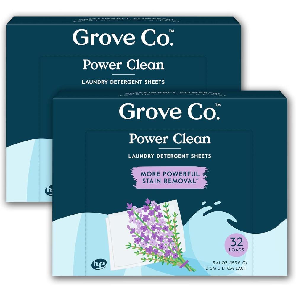 imageGrove Co Laundry Detergent Sheets Power Clean Dissolving Washer Sheets 2 Pack 64 Loads Tough Stain Remover 100 Natural Lavender Blossom amp Thyme FragranceLavender Thyme