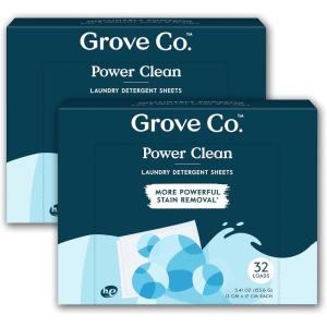 Grove Co. Laundry Detergent Sheets, Power Clean Dissolving Washer Sheets (2 Pack – 64 Loads) Tough Stain Remover, 100% Natural Lavender Blossom & Thyme Fragrance(Free & Clear)