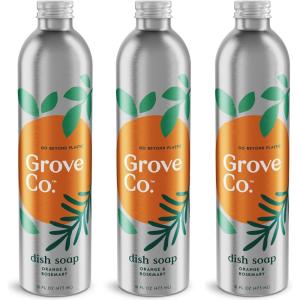 Grove Co. Ultimate Dish Soap Refills (3 x 16 Fl Oz) + Refillable Glass Dish Soap Dispenser for Kitchen Sink with Non-Slip Silicone Sleeve, Plastic Free Cleaning Products, Lavender Blossom & Thyme(Orange & Rosemary)