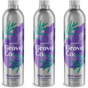 Grove Co. Ultimate Dish Soap Refills (3 x 16 Fl Oz) + Refillable Glass Dish Soap Dispenser for Kitchen Sink with Non-Slip Silicone Sleeve, Plastic Free Cleaning Products, Lavender Blossom & Thyme(Lavender & Thyme)