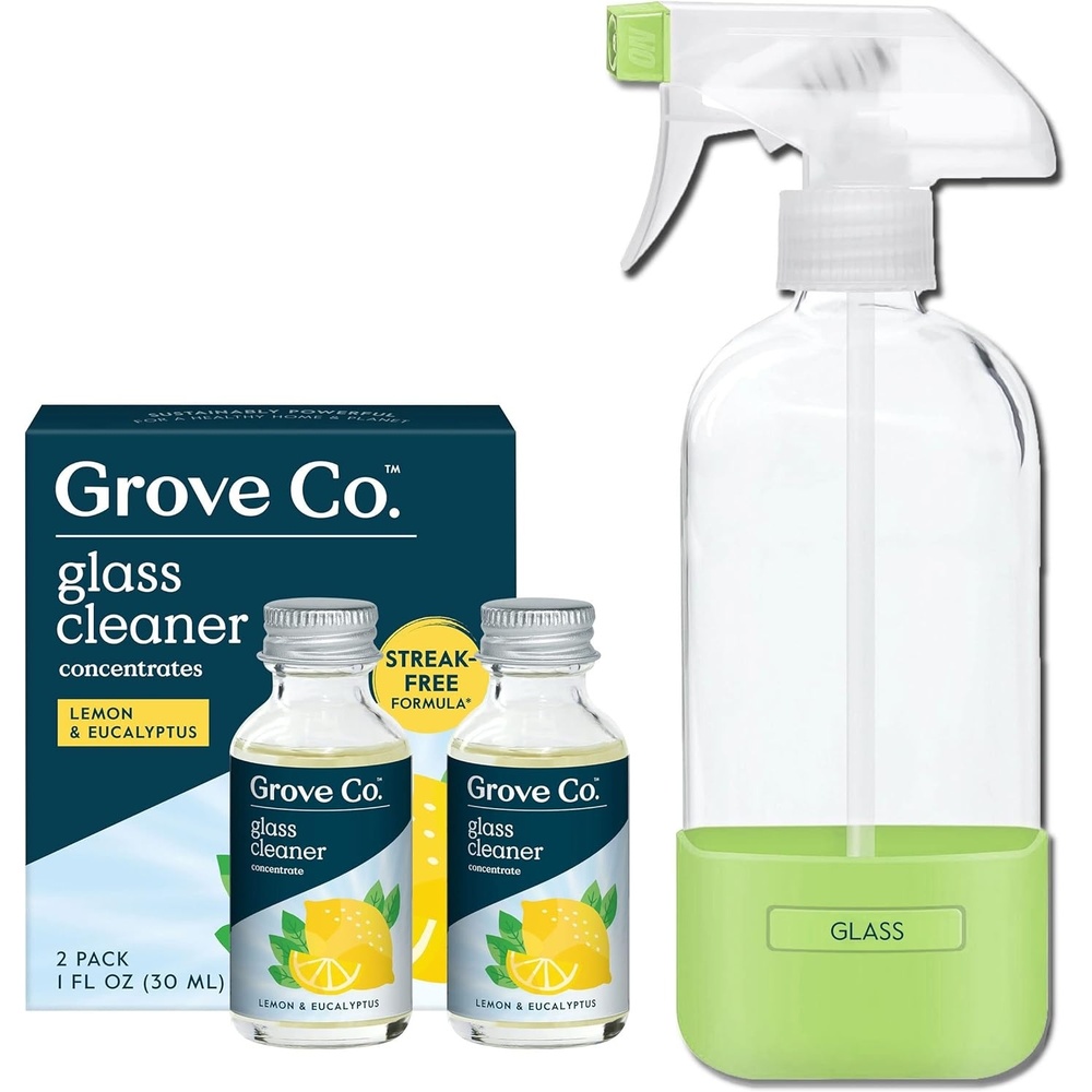 image:imageGrove Co Glass Cleaner Refill Concentrate 2 x 1 Fl Oz 1 x Reusable Glass Spray Bottle 16 Oz PlantBased Cleaning Supplies Bundle No Plastic Waste 100 Natural Lemon amp Eucalyptus Fragrance