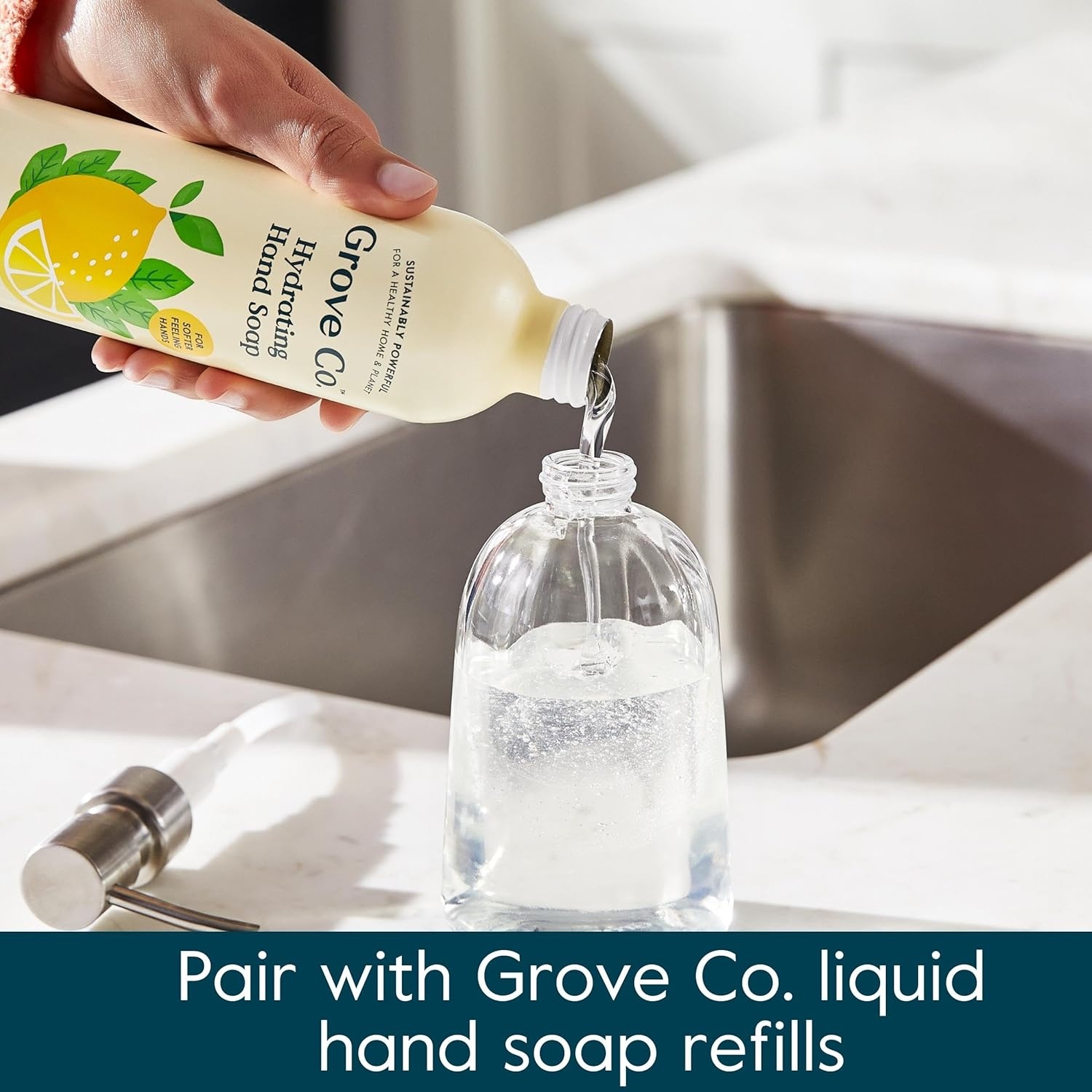 image:imageGrove Co Glass Hand Soap Dispenser with Brushed Stainless Steel Pump Refillable amp Reusable Kitchen and Bathroom Soap Bottle EcoFriendly Sustainable Home Decor 135 oz ClearSilverCleart