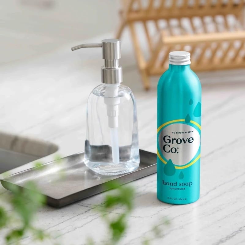 image:imageGrove Co Glass Hand Soap Dispenser with Brushed Stainless Steel Pump Refillable amp Reusable Kitchen and Bathroom Soap Bottle EcoFriendly Sustainable Home Decor 135 oz ClearSilverCleart