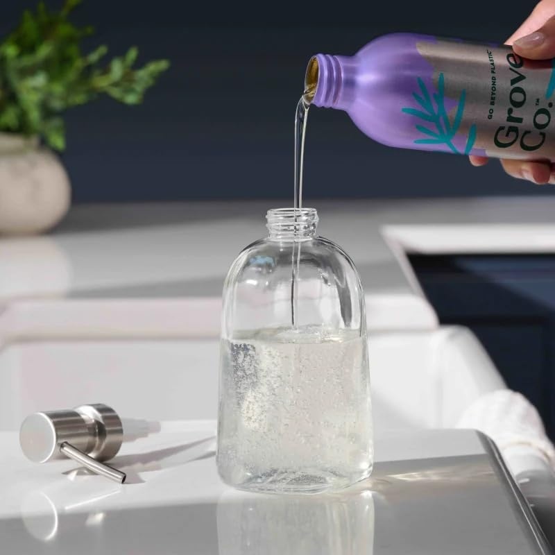 image:imageGrove Co Glass Hand Soap Dispenser with Brushed Stainless Steel Pump Refillable amp Reusable Kitchen and Bathroom Soap Bottle EcoFriendly Sustainable Home Decor 135 oz ClearSilverCleart