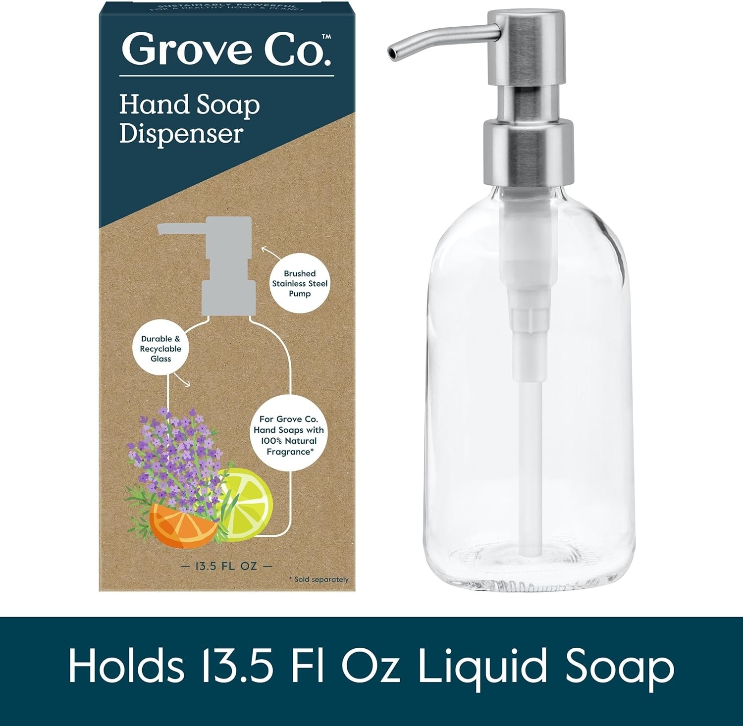 image:imageGrove Co Glass Hand Soap Dispenser with Brushed Stainless Steel Pump Refillable amp Reusable Kitchen and Bathroom Soap Bottle EcoFriendly Sustainable Home Decor 135 oz ClearSilverCleart