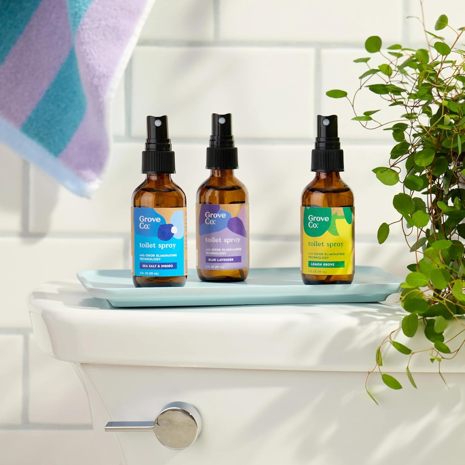 image:imageGrove Co Toilet Spray 2 oz Bathroom Odor Eliminator amp Air Freshener Natural Essential Oil Scent EcoFriendly Recyclable Glass Bottle Travel Size Bathroom Deodorizer Lemon GroveBlue Lavender