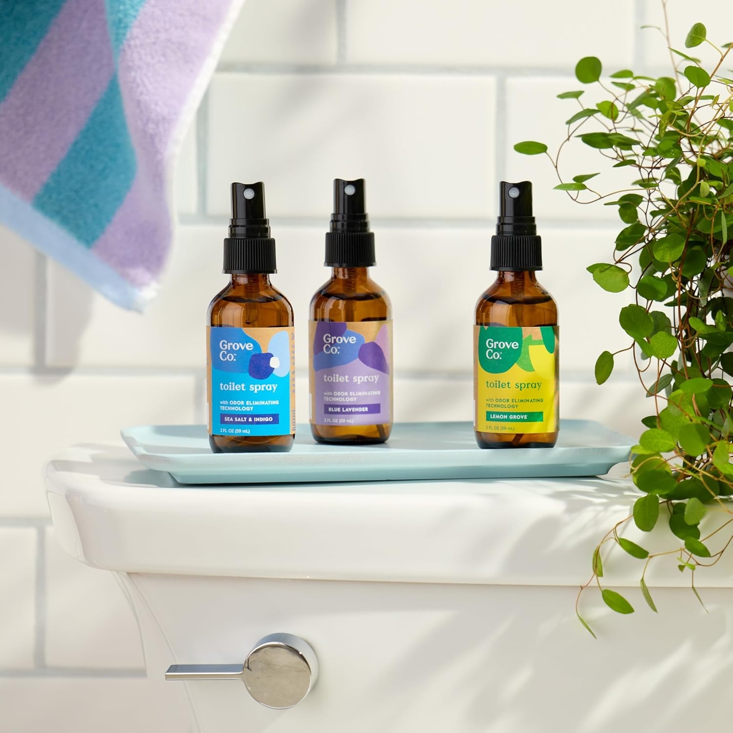 image:imageGrove Co Toilet Spray 2 oz Bathroom Odor Eliminator amp Air Freshener Natural Essential Oil Scent EcoFriendly Recyclable Glass Bottle Travel Size Bathroom Deodorizer Lemon GroveSea Salt Indigo