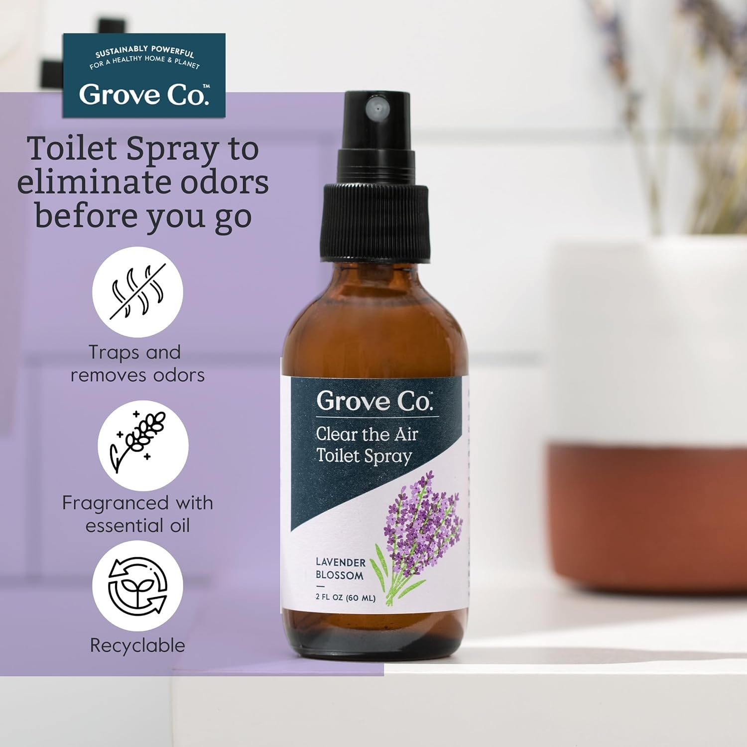 image:imageGrove Co Toilet Spray 2 oz Bathroom Odor Eliminator amp Air Freshener Natural Essential Oil Scent EcoFriendly Recyclable Glass Bottle Travel Size Bathroom Deodorizer Lemon GroveBlue Lavender