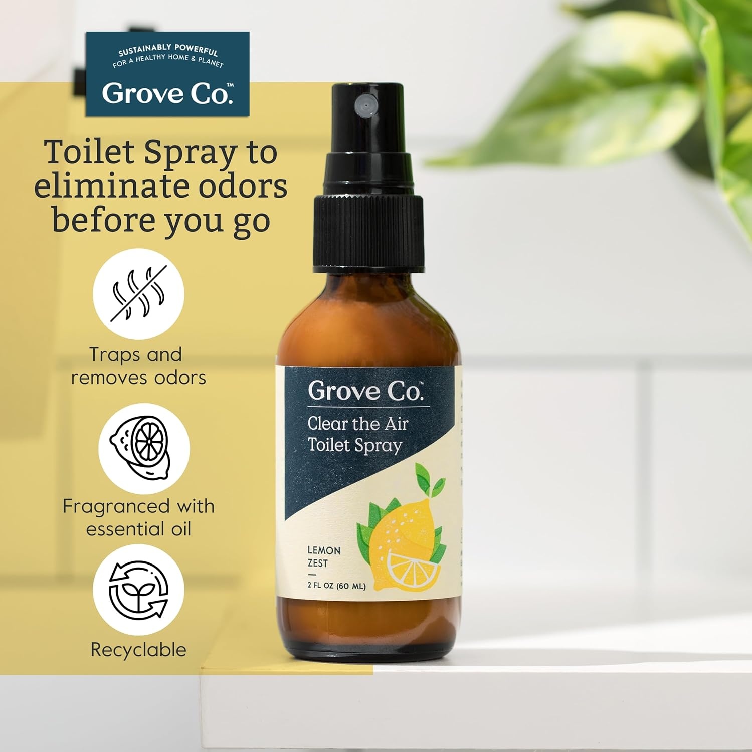 image:imageGrove Co Toilet Spray 2 oz Bathroom Odor Eliminator amp Air Freshener Natural Essential Oil Scent EcoFriendly Recyclable Glass Bottle Travel Size Bathroom Deodorizer Lemon GroveLemon Grove