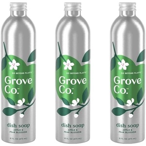 Grove Co. Apple & Pear Blossom Dish Soap Refill Bundle, 3-Pack of 16 oz Aluminum Bottles with Reusable Glass Soap Dispenser, Natural Fragrance Grease-Cutting Plant-Based Formula(Apple & Pear Blossom)