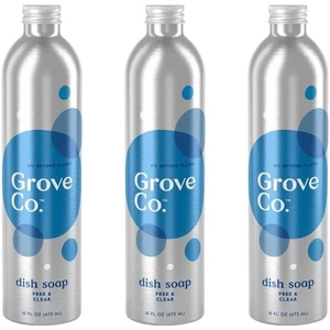 Grove Co. Apple & Pear Blossom Dish Soap Refill Bundle, 3-Pack of 16 oz Aluminum Bottles with Reusable Glass Soap Dispenser, Natural Fragrance Grease-Cutting Plant-Based Formula(Free & Clear)