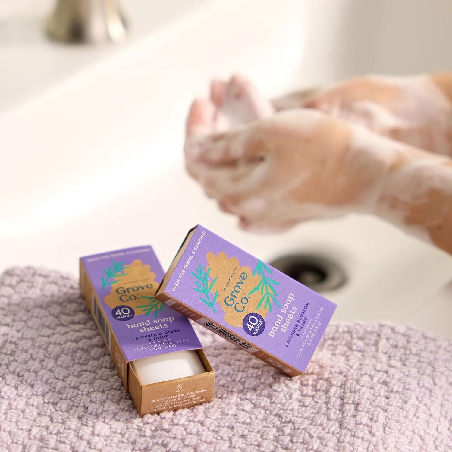 image:imageGrove Co Portable Hand Soap Sheets 40 Washes Travel Size Dissolvable Soap Paper for Camping Hiking amp OntheGo Lavender Blossom Essential Oil Scent PlasticFree amp Zero Waste 1 Pack