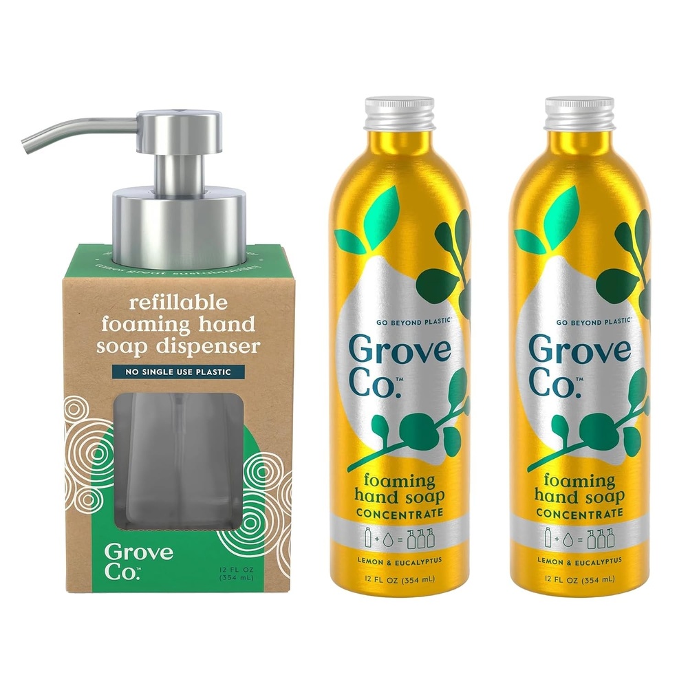 image:imageGrove Co Lemon amp Eucalyptus Foaming Hand Soap Kit  Two 12oz Liquid Refills and One Reusable Glass Dispenser 3Piece Set