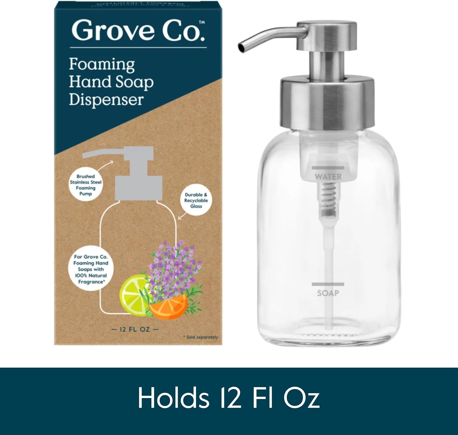 image:imageGrove Co Kids Reusable Glass Foaming Hand Soap Dispenser with Protective Silicone Sleeve 12oz Toddler Friendly Refillable Soap Bottle Durable LeadFree Glass amp Stainless Steel Pump Yellow StarClear
