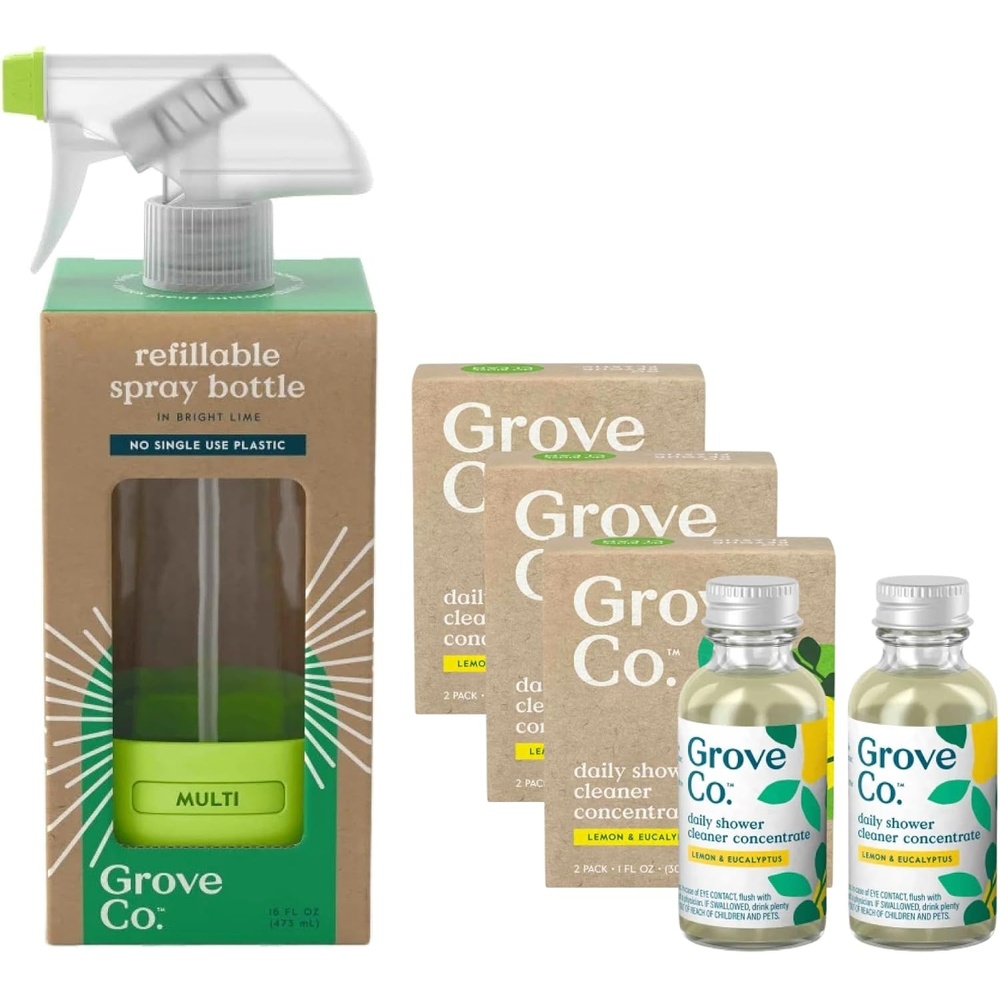 image:imageGrove Co Bathroom Care Bundle Shower Cleaner Concentrate Refills 6Pack 1 oz Each Lemon amp Eucalyptus Scent with Reusable Glass Spray Bottle