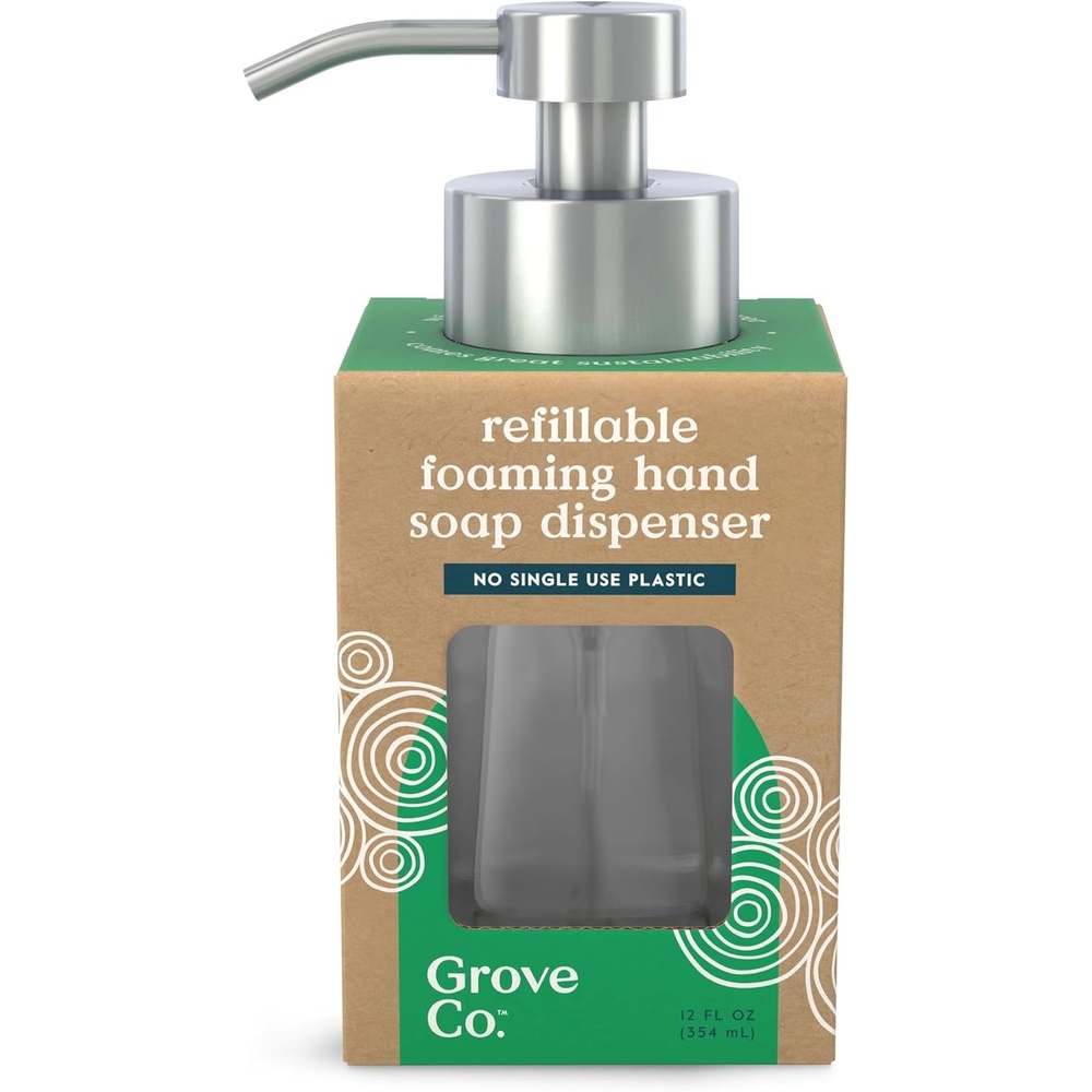 image:imageGrove Co Kids Reusable Glass Foaming Hand Soap Dispenser with Protective Silicone Sleeve  12oz Toddler Friendly Refillable Soap Bottle Durable LeadFree Glass amp Stainless Steel Pump  Yellow StarClear