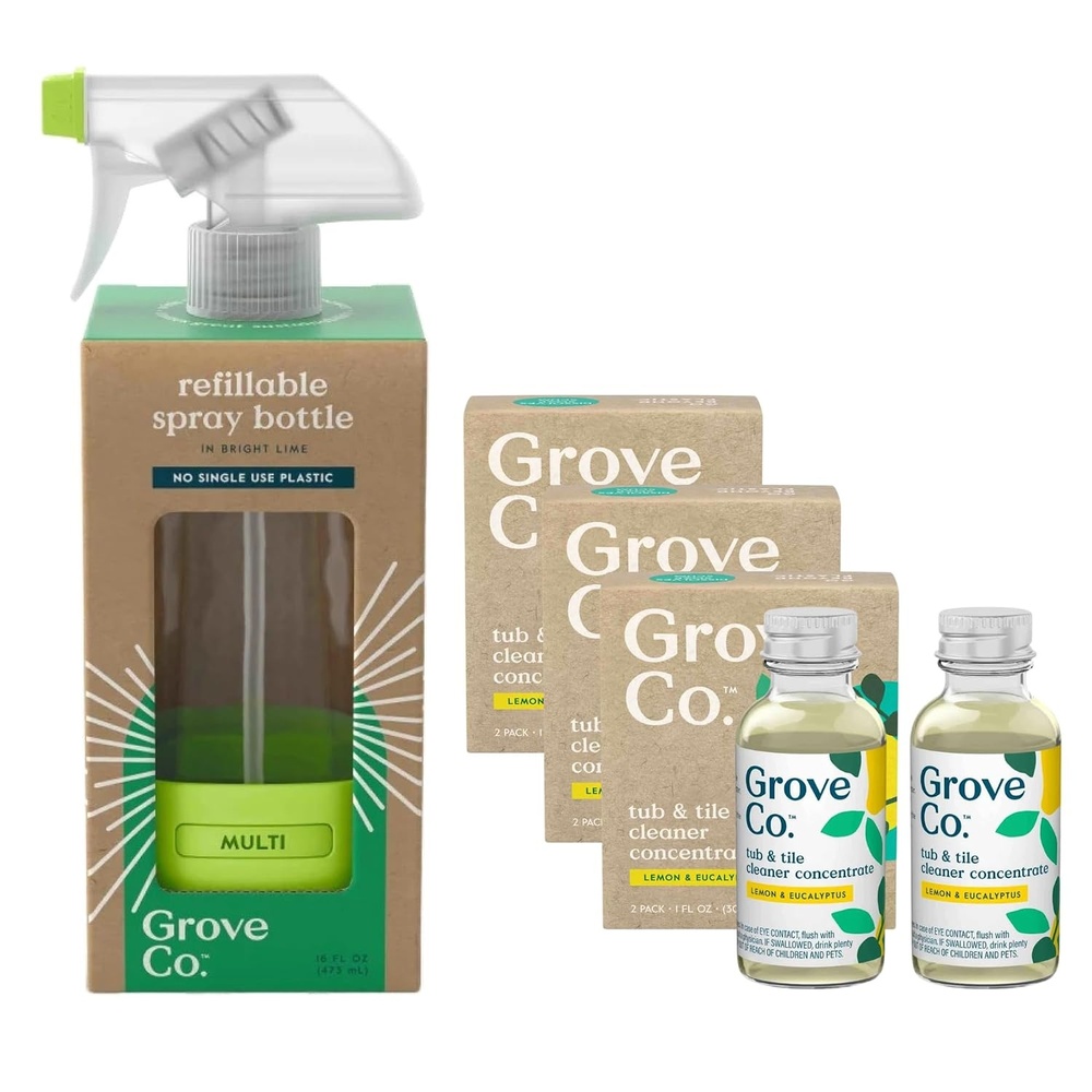 image:imageGrove Co Tub amp Tile Cleaner Kit Six 1oz Lemon amp Eucalyptus Concentrates with Glass Spray Bottle 7Piece Set