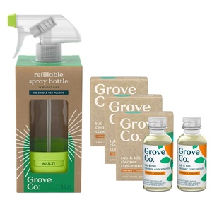 Grove Co. Bathroom Care Bundle – Tub & Tile Cleaner Concentrate Refills (6-Pack, 1 oz Each), Orange & Rosemary Scent, with Reusable Glass Spray Bottle