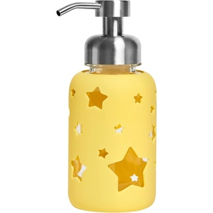 Grove Co. Kids Reusable Glass Foaming Hand Soap Dispenser with Protective Silicone Sleeve – 12oz Toddler Friendly Refillable Soap Bottle, Durable Lead-Free Glass & Stainless Steel Pump – Yellow Star(Kids Yellow Star)