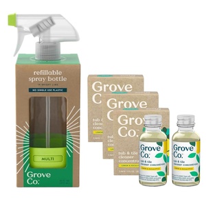 Grove Co. Tub & Tile Cleaner Kit – Six 1oz Lemon & Eucalyptus Concentrates with Glass Spray Bottle, 7-Piece Set